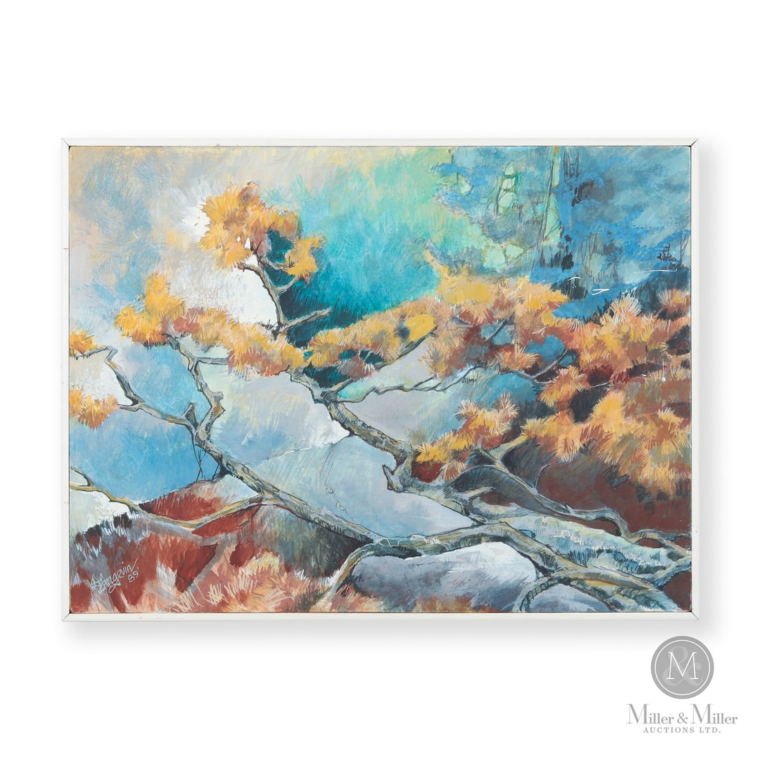 David Langevin (1959-) "Spider Pine" Tempera on Board: Canada. 1989 Tempera on Board. Signed, "Langevin 89'" lower left. Titled / detailed verso. Painting : 17.75" x 23.75", Framed : 18.5" x 24.5" x 1". From the Late Miller Carmichael Collection. Canada.