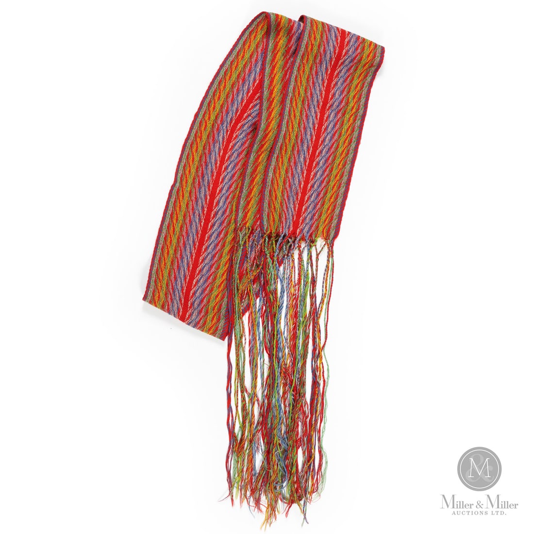 Hudson Bay Ceinture Flechee: British. Late 19th Century. Woven Textile. A loom woven "Assomption" sash produced for the Hudson Bay Company in the late 19th century. Strong colour, good fringe. Unmarked. 7.5" x 142" (including