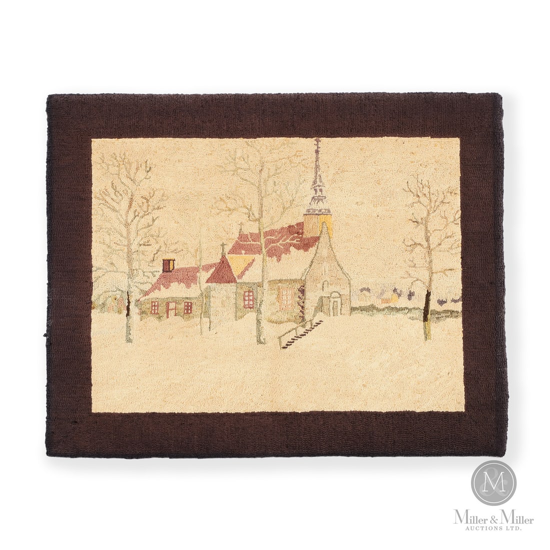 Georges Edouard Tremblay Rug: Quebec, Canada. Second Quarter 20th Century. Hooked Textile. A finely hooked rug of a church by Georges Edouard Tremblay (1902-1987), ink stamped on the back border. Ink stamped, "Georges Edouard