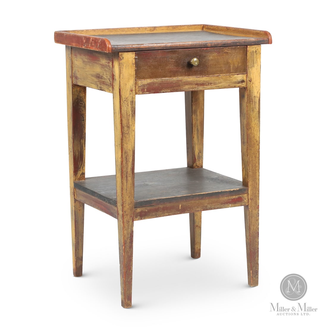 Tapered Leg Wash Stand: Canada. c. 1840. Wood. A tapered leg wash stand with a low gallery and shelf below. In old yellow over the original red paint and with the top and shelf in black. Unmarked. 29.75" x 20.25" x 16".