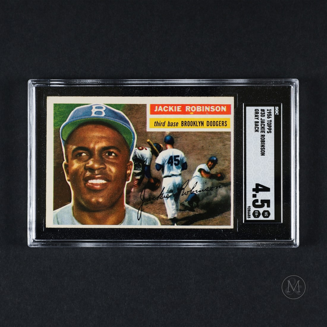 1956 Topps #30 Jackie Robinson (SGC 4.5 VG-EX+): Offered here is Jackie Robinson's 1956 Topps #30 card in the gray back variation. Jackie Robinson broke Major League Baseball’s colour barrier in 1947, becoming a symbol of courage and change