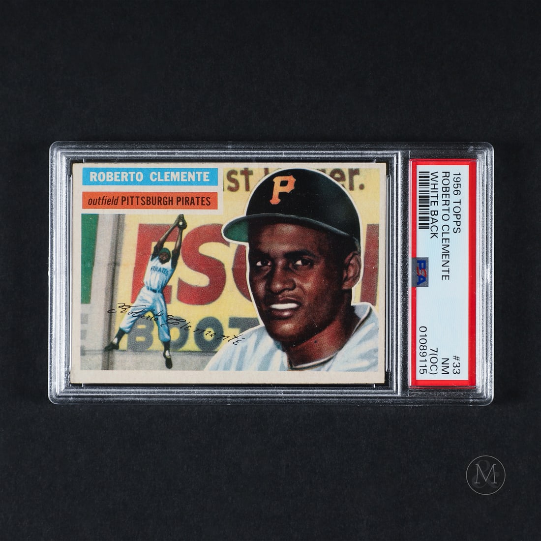 1956 Topps #33 Roberto Clemente (PSA 7 NM (OC)): Offered here is Roberto Clemente's second year, 1956 Topps card in a grade 7 (OC). Roberto Clemente was a trailblazing Hall of Famer and one of baseball’s greatest all-around players, known for