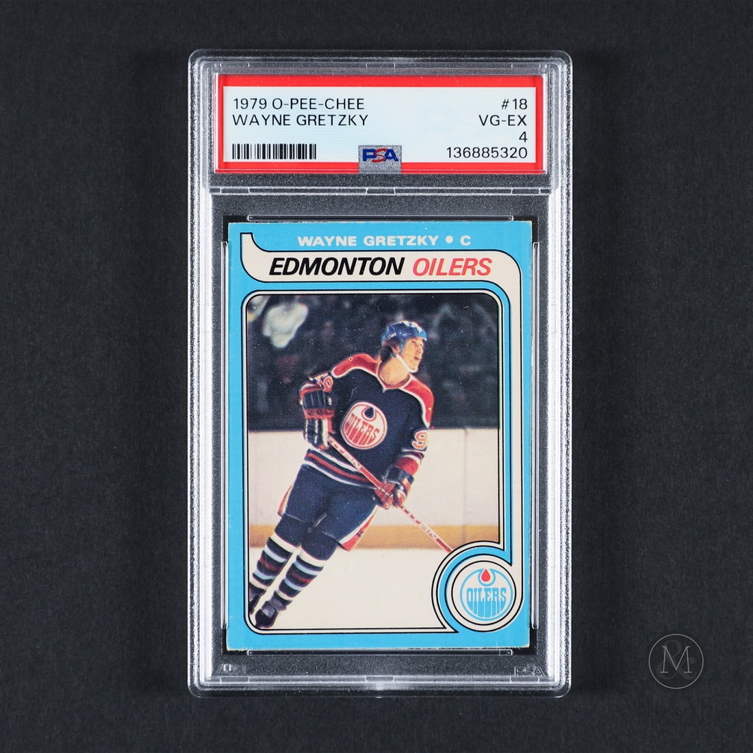 1979-1980 O-Pee-Chee #18 Wayne Gretzky (PSA 4 VG-EX): An excellent reverse skate line variation, this 1979-1980 O-Pee-Chee Wayne Gretzky Rookie Card is a recently graded example. Gretzky's rookie is one of the most iconic and highly sought-after cards in