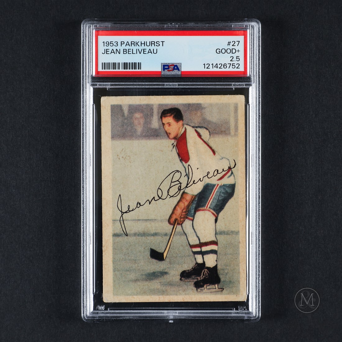 1953 Parkhurst #27 Jean Beliveau (PSA 2.5 GD+): The 1953-1954 Jean Béliveau represents the Canadiens' legend in his rookie year. Jean Béliveau is one of the most beloved and accomplished players in hockey history, known for his leadership
