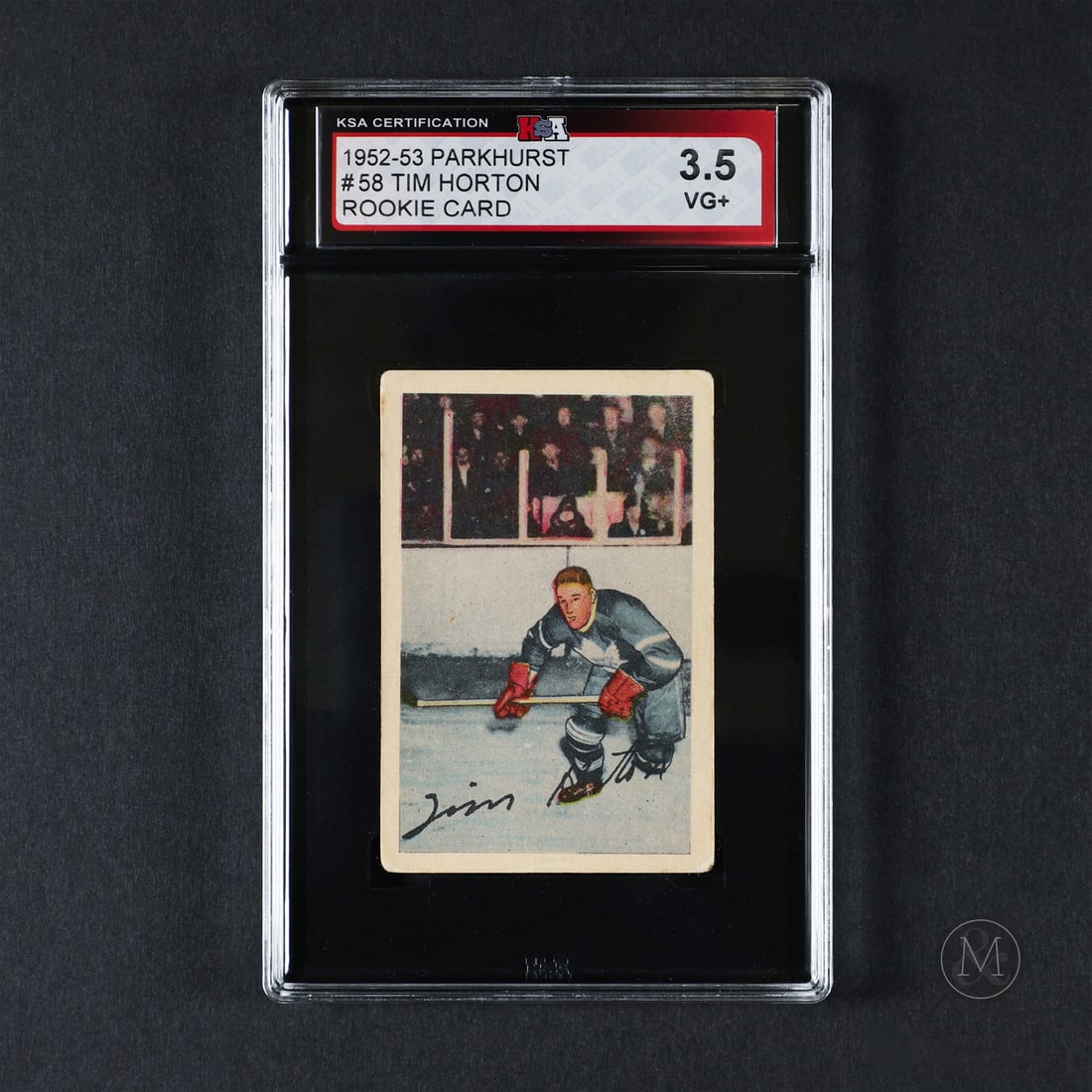 1952-1953 Parkhurst #58 Tim Horton (KSA 3.5 VG+): The 1952-1953 Tim Horton rookie card is an excellent representation of the iconic Toronto defenseman breakout year. Tim Horton is a legendary figure in hockey, best known for his long and distinguishe
