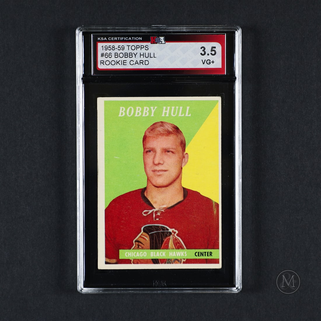 1958-1959 Topps #66 Bobby Hull (KSA 3.5 VG+): Offered here is a recently graded example of Bobby Hull's 1958-1959 Topps #66 rookie card. Bobby Hull, known as the "Golden Jet," is one of the most electrifying players in hockey history, famous for 