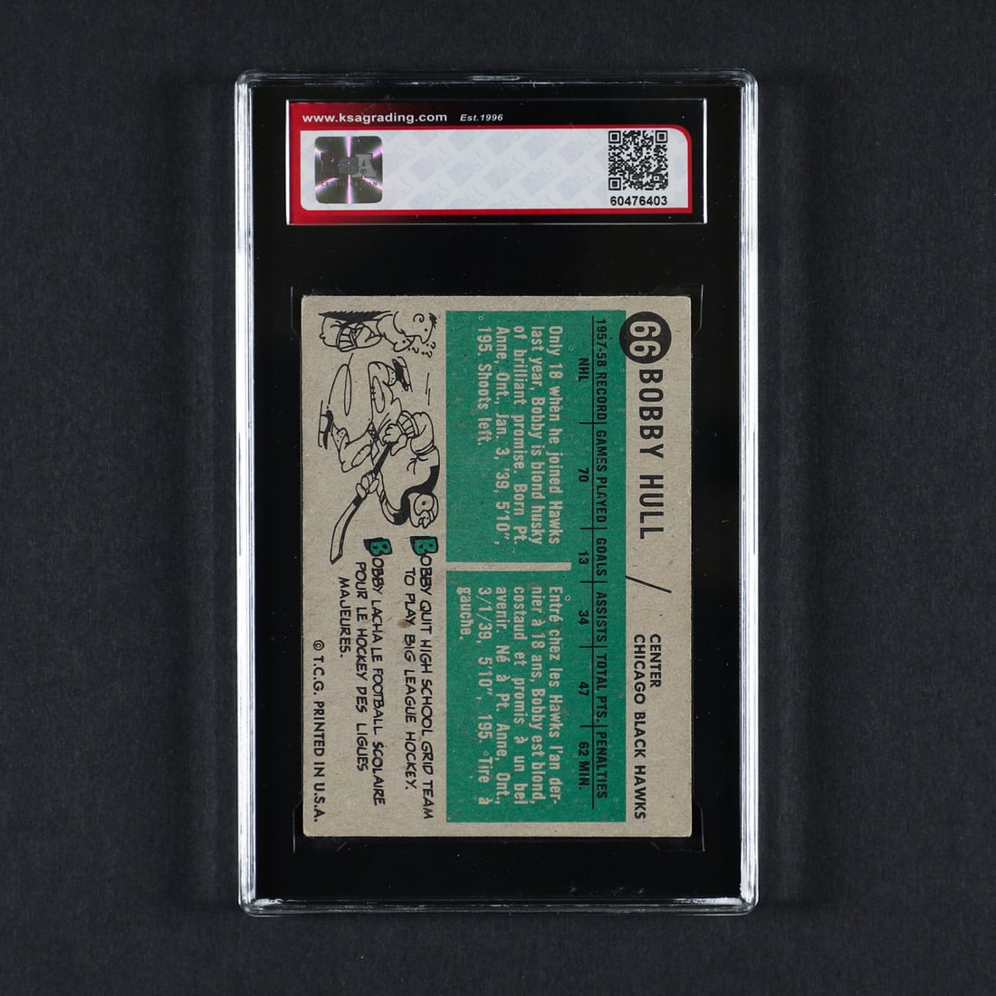 1958-1959 Topps #66 Bobby Hull (KSA 3.5 VG+) - 2