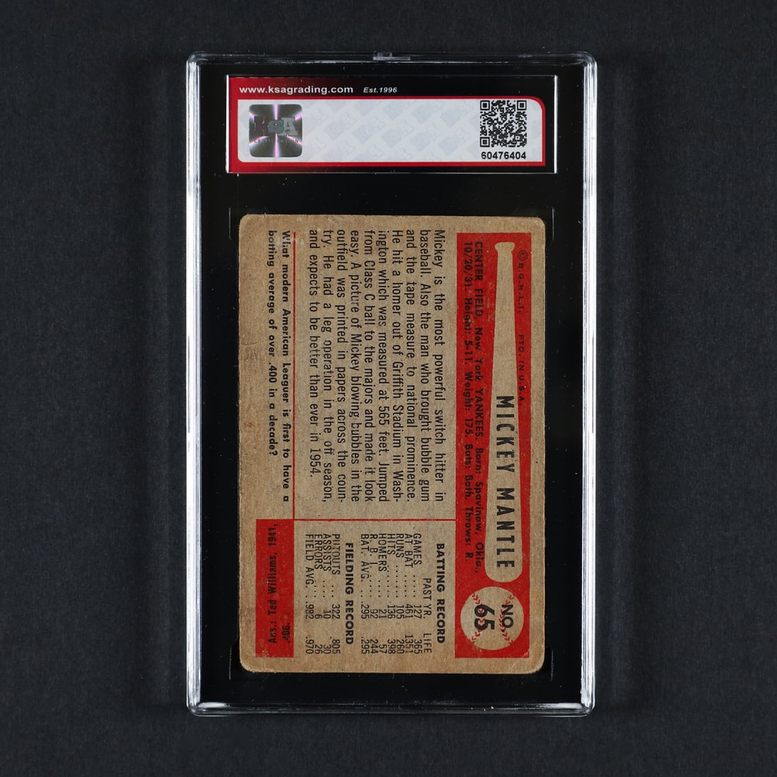 1954 Bowman #65 Mickey Mantle (KSA 2 G) - 2