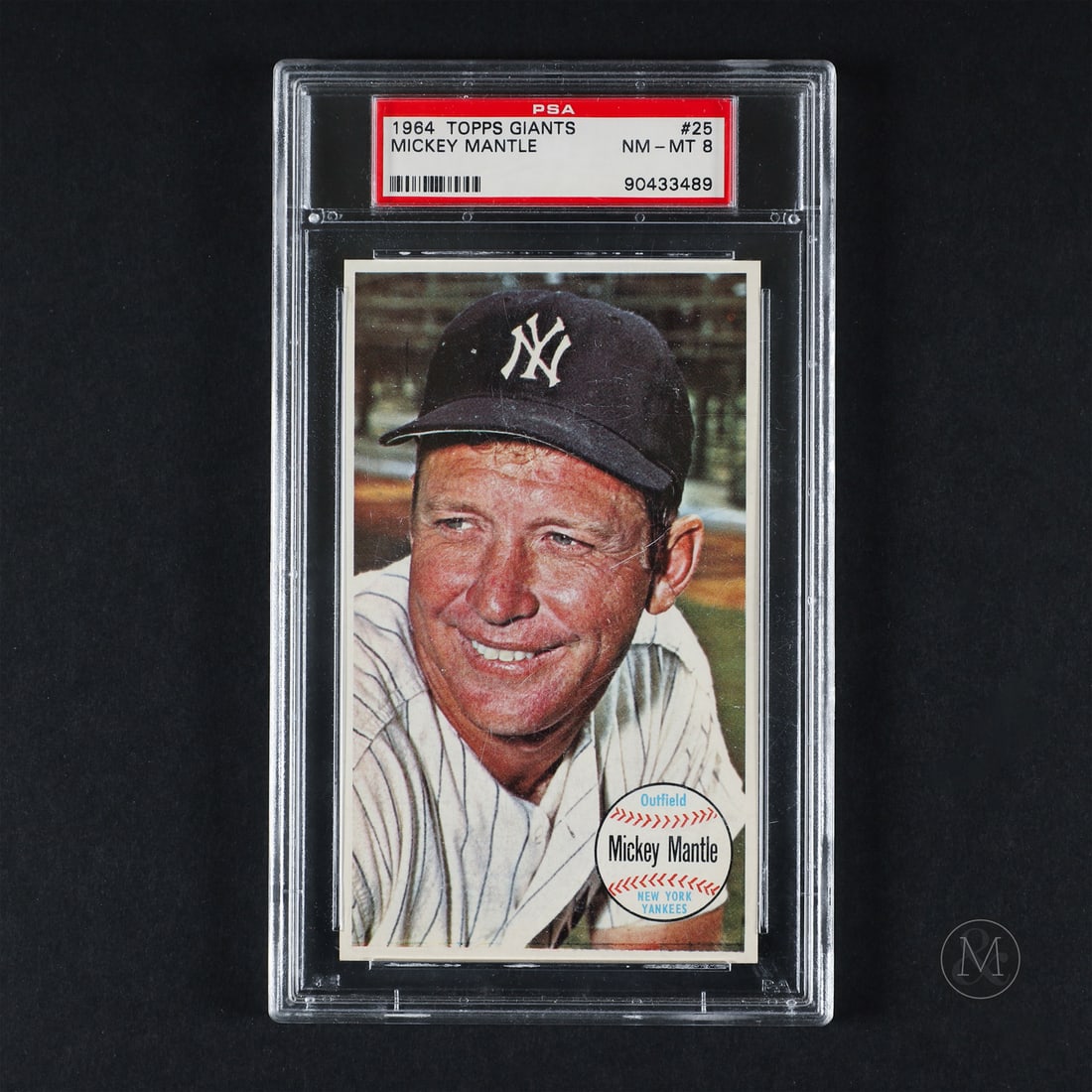 1964 Topps Giants #25 Mickey Mantle (PSA 8 NM-MT): The 1964 Topps Giants set features 60 oversized cards, each measuring 3.125" by 5.25”, marking Topps' first postcard-style release. The #25 Mickey Mantle card offered here represents one of the