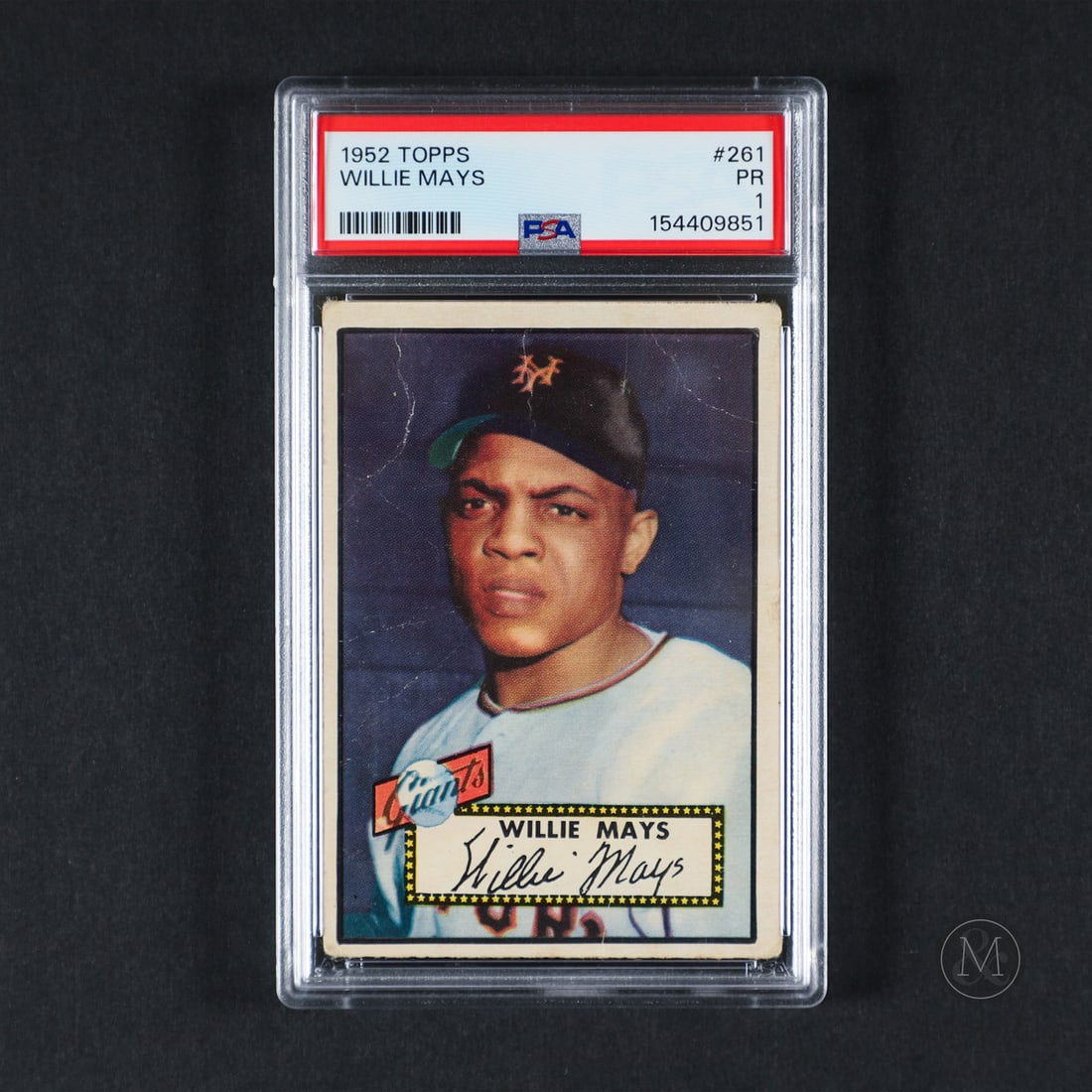 1952 Topps #261 Willie Mays (PSA 1 PR): This card stands out among baseball card collectors for being the first Topps card to feature Willie Mays. Fondly known as the "Say Hey" kid, for his youthfulness, exuberant style of play, and his hab