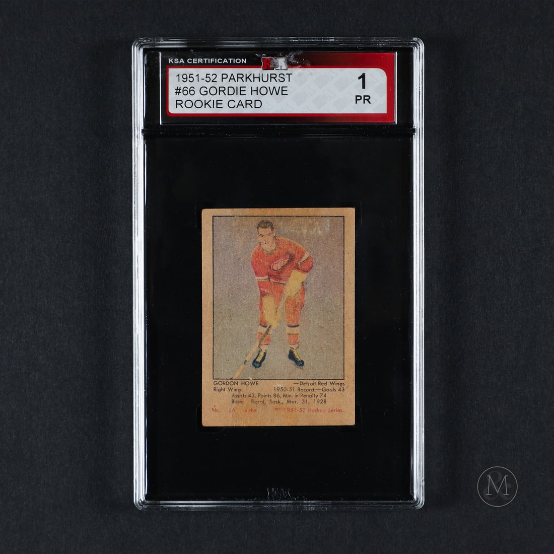 1951-1952 Parkhurst #66 Gordie Howe (KSA 1 PR): An iconic card in the world of collecting, the Parkhurst Gordie Howe rookie card is the centrepiece of the 1951-1952 set. Gordie Howe, known as "Mr. Hockey," is widely regarded as one of the greatest