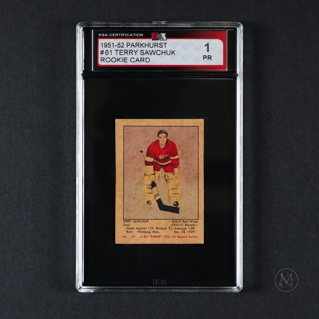 1951-1952 Parkhurst #61 Terry Sawchuk (KSA 1 PR): Offered here is Terry Sawchuk's #61 rookie card from the iconic 1951 Parkhurst set. Terry Sawchuk is widely regarded as one of the greatest goaltenders in NHL history, known for his exceptional