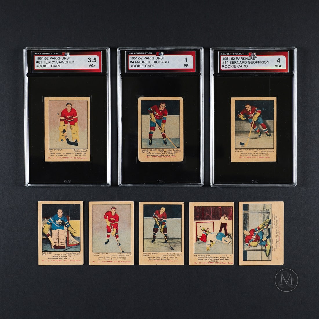 1951-1952 Parkhurst Partial Set (87/105): The 1951-1952 Parkhurst group offered here includes 87/105 cards in the set and retains many of the key examples in cards #4 Maurice Richard, #61 Terry Sawchuk, and #14 Bernard Geoffrion. The group is