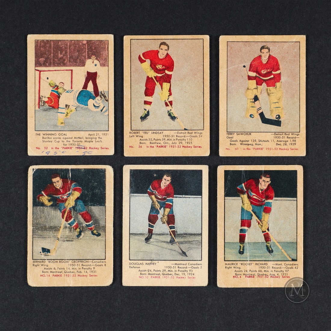 1951 Parkhurst Partial Set (37/105) w/ 10 Duplicates: Notable inclusions in this starter set of 1951-1952 Parkhurst hockey cards are cards #4 Maurice Richard, #61 Terry Sawchuk, #52 The Winning Goal, #10 Doug Harvey and #14 Boom Boom Geoffrion. The full 