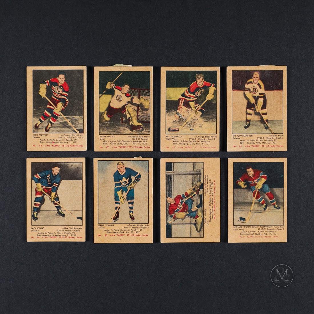 1951-1952 Parkhurst Grouping w/ 12 HOFers (31): Offered here is a group of 31 cards from the iconic 1951-52 Parkhurst hockey card set. The group includes 12 Hall of Fame examples, including Fern Flaman, Jack Stewart (3), Roy Conacher (4), Bill