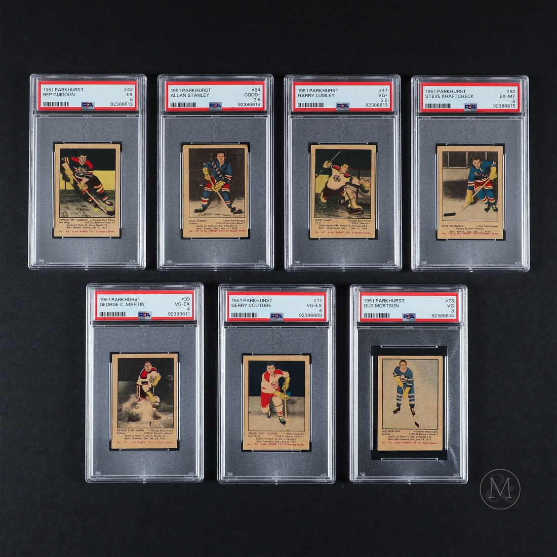 1951 Parkhurst Mid PSA Grade Cards (7): Offered here, from Parkhurst's first release, are seven PSA graded cards. The group includes Hall of Fame rookie examples of Harry Lumley and Allan Stanley, as well as card #17 Gerry Couture, #39