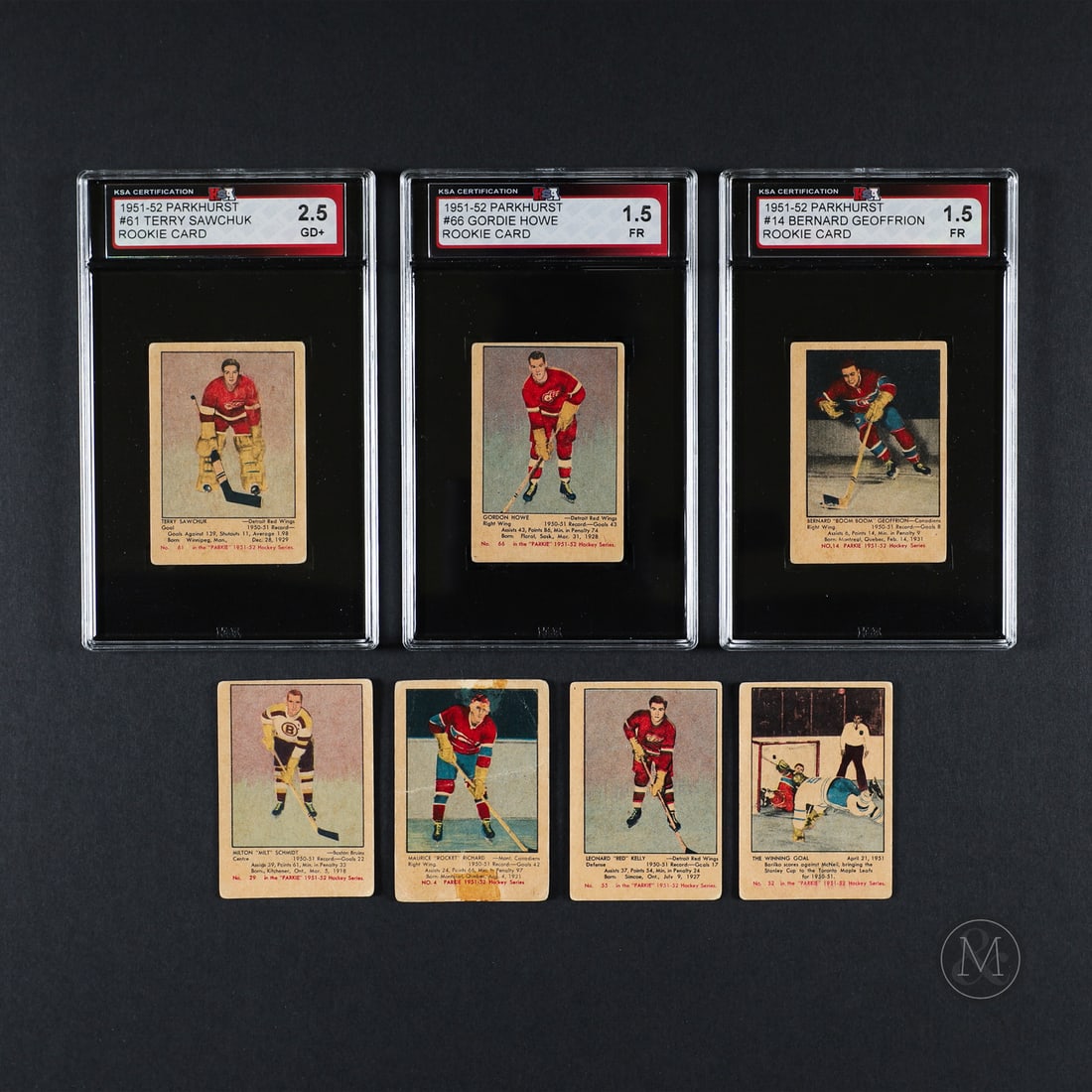 1951-1952 Parkhurst Complete Set (105/105): The group of 1951-1952 Parkhurst cards offered here are from a single family collection and includes the complete 105-card set, including Gordie Howe and Maurice Richard's rookie cards. The set was