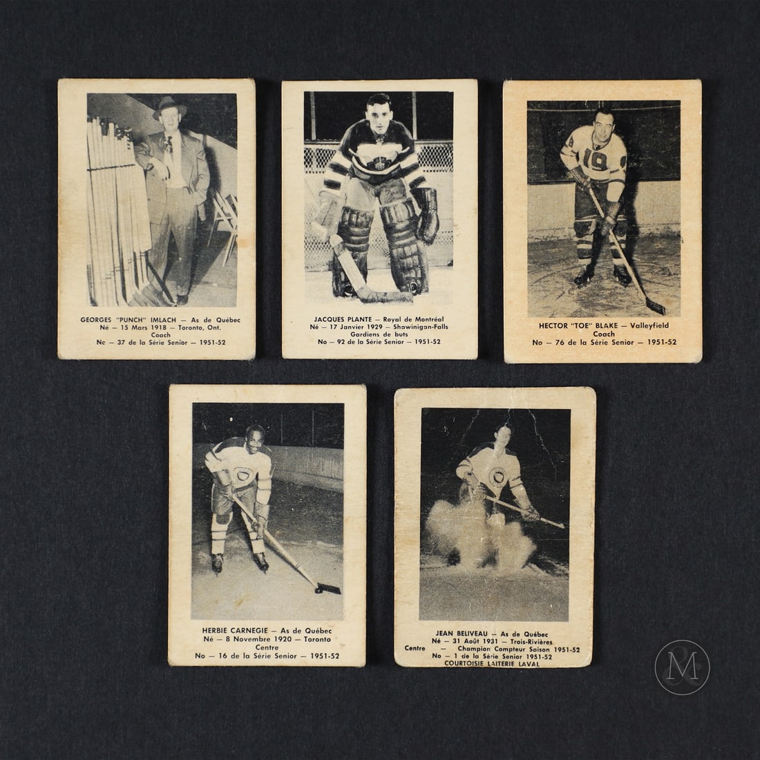 1951-1952 Laval Dairy QSHL Hockey Complete Set (109/109): A recent find from a single family-owned collection, the complete 109-card QSHL Laval Dairy set is offered here, featuring pre-rookies of Jean Beliveau and Jacques Plante. Other highlights of the