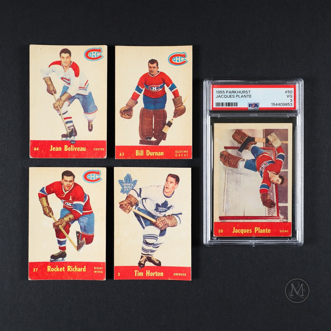1955 Parkhurst Partial Set (77/79): The 1955 Parkhurst set offered here includes 77/79 cards in the set, including the recently PSA graded #50 Jacques Plante rookie card. The set is missing cards #23 Turk Broda and #18 Dick Duff. Card #