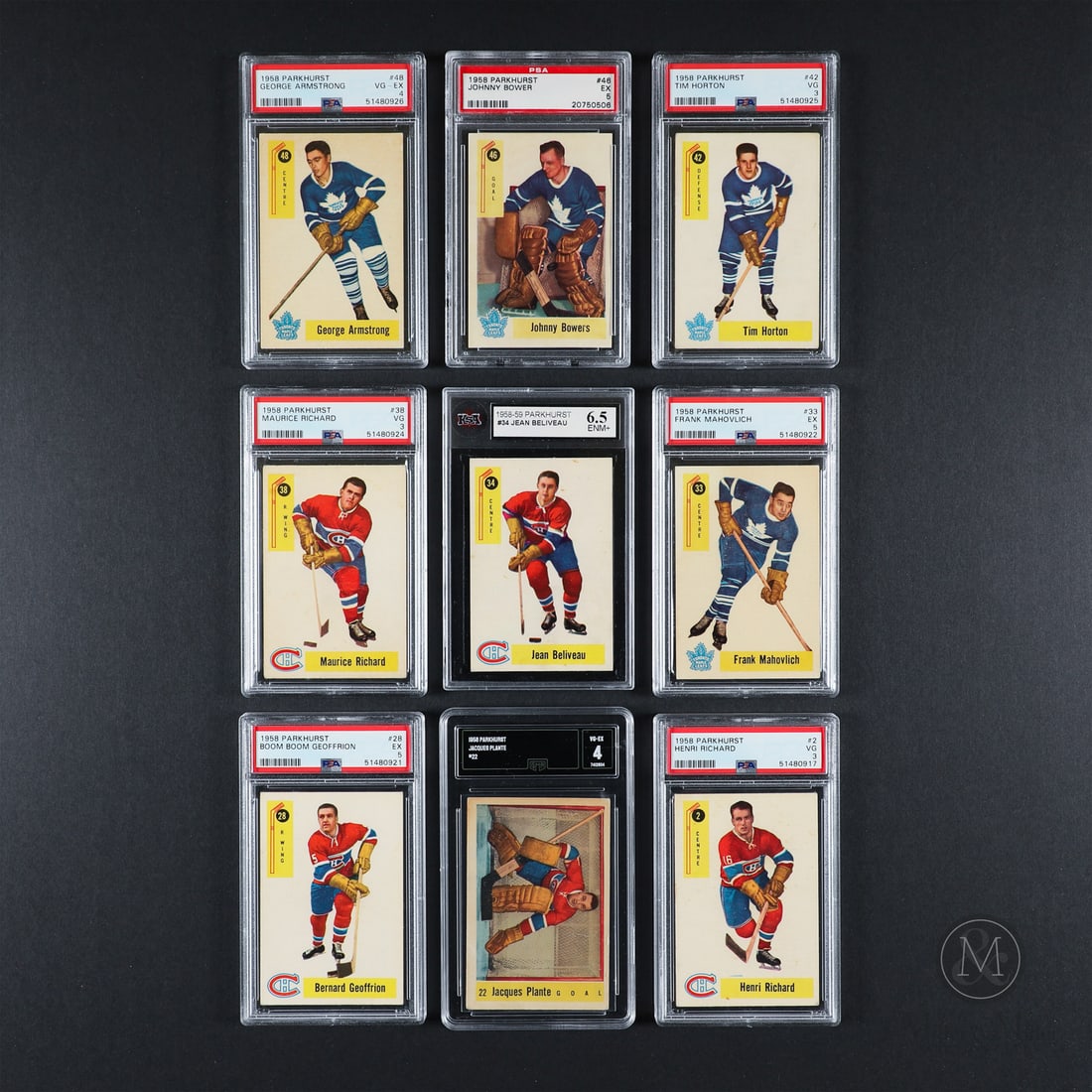 1958 Parkhurst Complete Graded Set (50/50): The 1958 Parkhurst Set offered here has been completely graded with a grade average of 4.93 across all 50 cards. The group includes 43 PSA graded cards, four SGC graded cards, one KSA graded card,