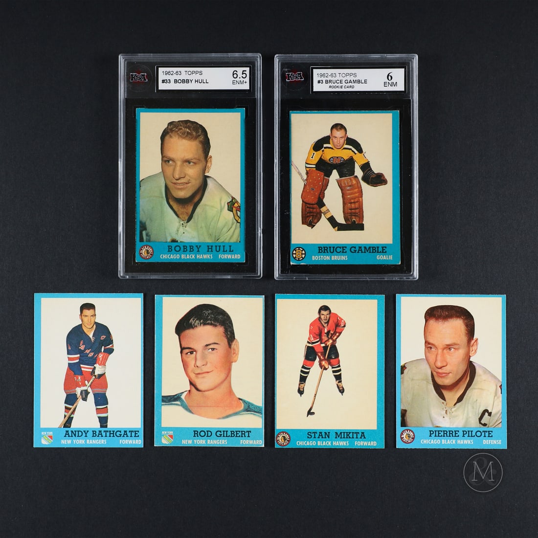 1962-1963 Topps Hockey Complete Set (66/66): Offered here is a complete set of 1962-1963 Topps Hockey cards, including all 66/66 examples. Bobby Hull's #33 card and Bruce Gamble's #3 rookie card have been graded by KSA. All items are guaranteed