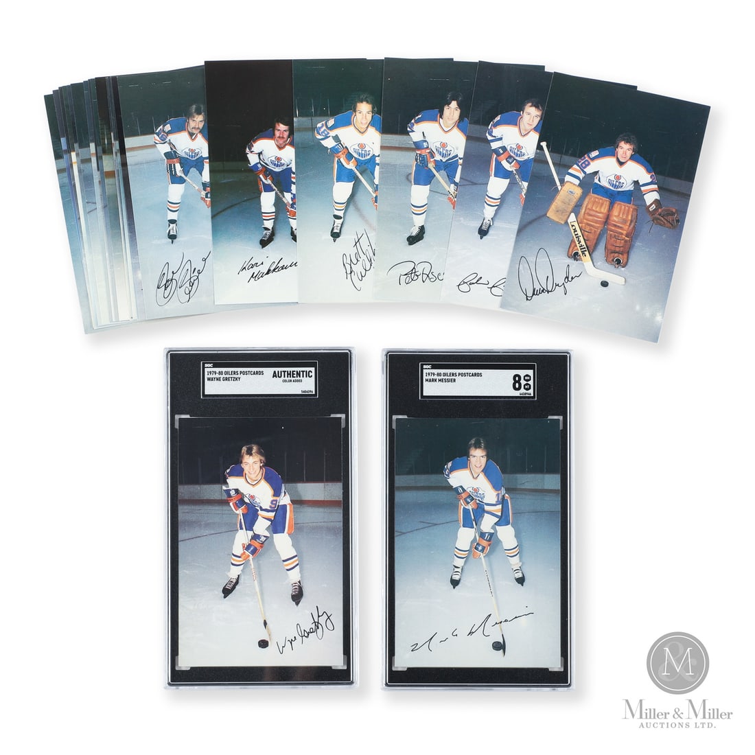 1979-1980 Oilers Postcards Complete Set (24/23): The 1979-1980 Edmonton Oilers postcard set includes Gretzky in his rookie season, as well as Mark Messier's first-ever card issue. The set includes 24 cards, including both Eddie Mio examples with