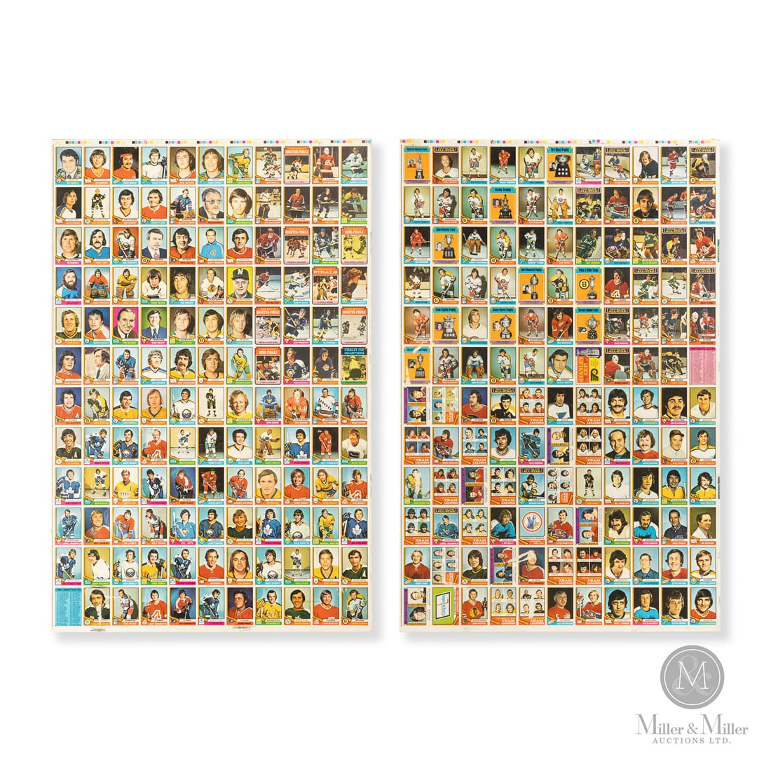 1974-1975 O-Pee-Chee Uncut Sheet Pair: Offered here are two of the three sheets that make up the complete set of 1974-1975 O-Pee-Chee hockey cards in their uncut form. The pair remains as found from the factory. The two sheets include