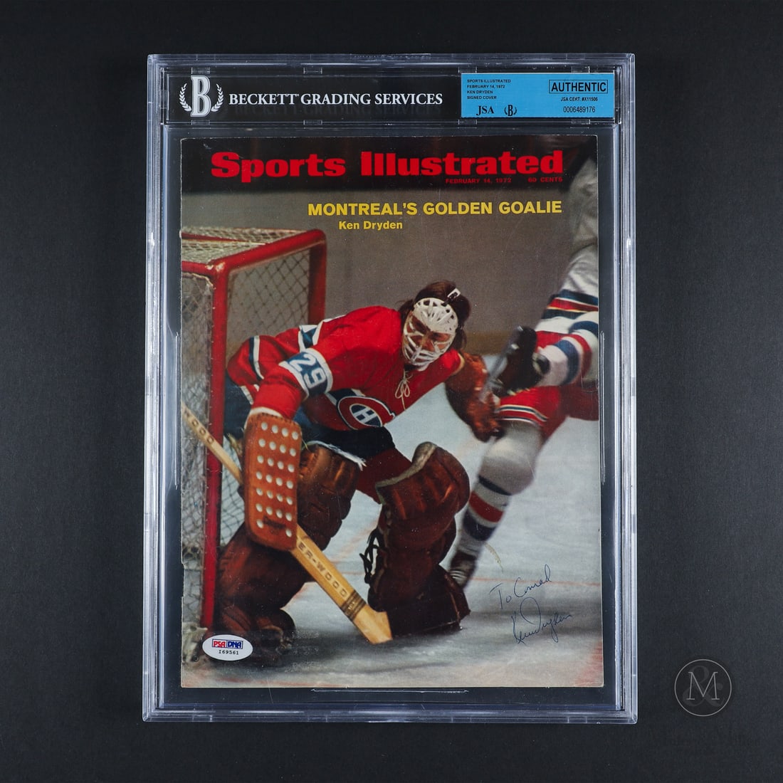 1972 Ken Dryden Signed Sports Illustrated Cover: Authenticated by both PSA and Beckett, this 1972 Sports Illustrated cover page featuring Ken Dryden has been signed in the bottom right corner by the Hall of Fame goaltender. Size 13" x 9.5".