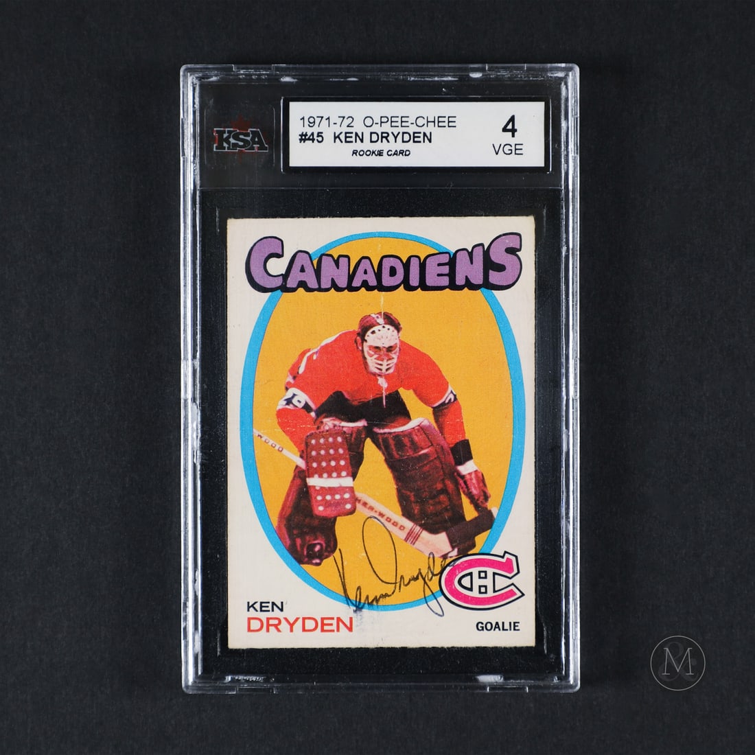 1971-1972 O-Pee-Chee #45 Signed Ken Dryden Rookie Card: Offered here is Ken Dryden's 1971-72 O-Pee-Chee rookie card, which has been signed by Dryden in the bottom third. Given Dryden's short tenure in the NHL, his autograph is seldom seen and rare on a roo