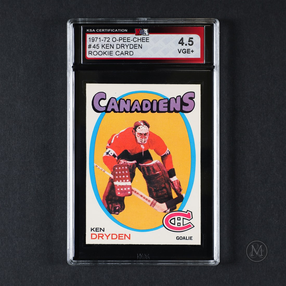 1971-1972 O-Pee-Chee #45 Ken Dryden (KSA 4.5 VG-EX+): Offered here is Ken Dryden's 1971-1972 O-Pee-Chee rookie card. Ken Dryden was one of the NHL’s most efficient and statistically dominant goaltenders, despite playing only eight full seasons. He 