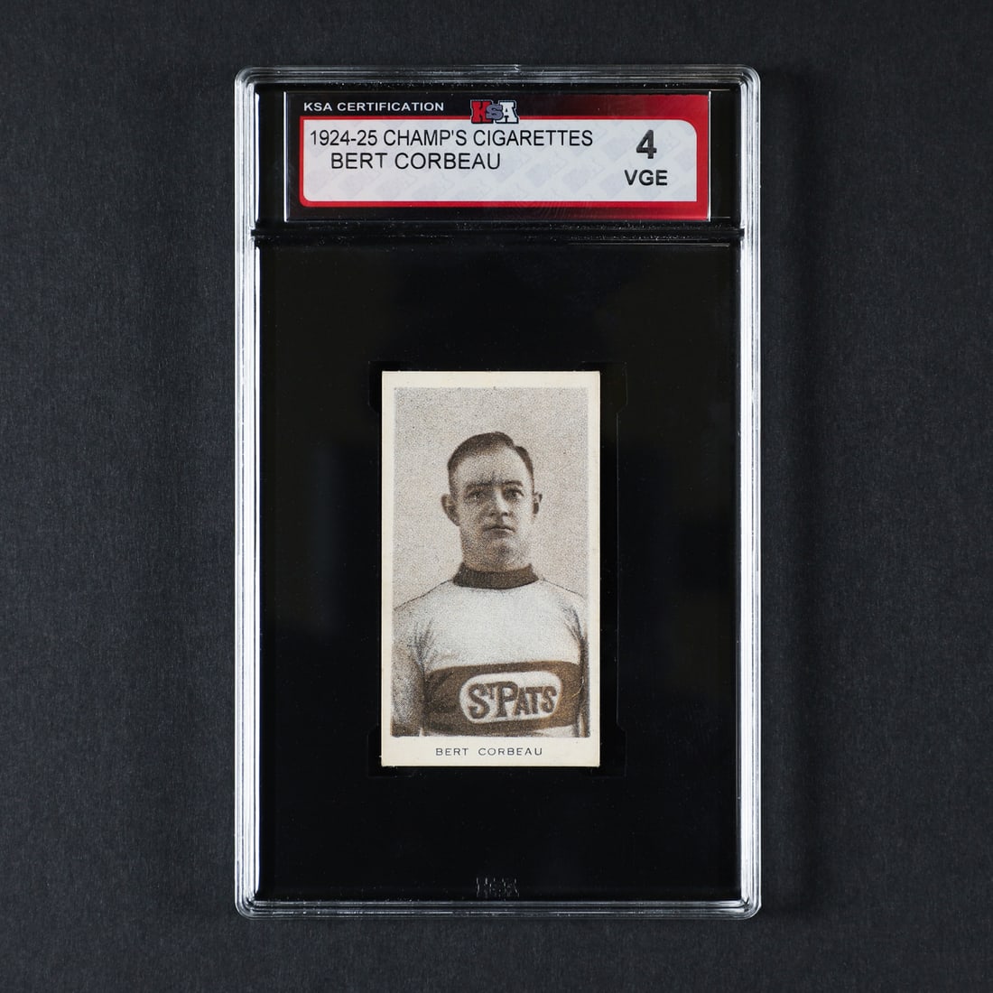 1924 C144 Champ's Hockey Bert Corbeau (KSA 4 VG-E): A recent find, this Bert Corbeau card is from the iconic 1924 Champ's Cigarettes hockey set. The unnumbered hockey card series was issued by the Tobacco Products Corporation of Canada, Ltd., located