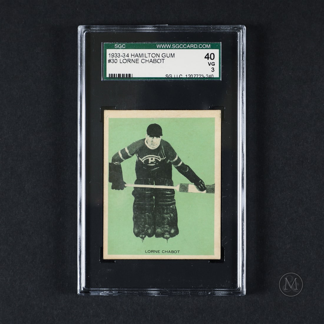 1933-1934 Hamilton Gum #30 Lorne Chabot (SGC 3 VG): A low population set, the 1933-1934 Hamilton Gum hockey grouping included many desirable names from hockey's early days, including this #30 Lorne Chabot. Chabot backstopped the Toronto Maple Leafs to
