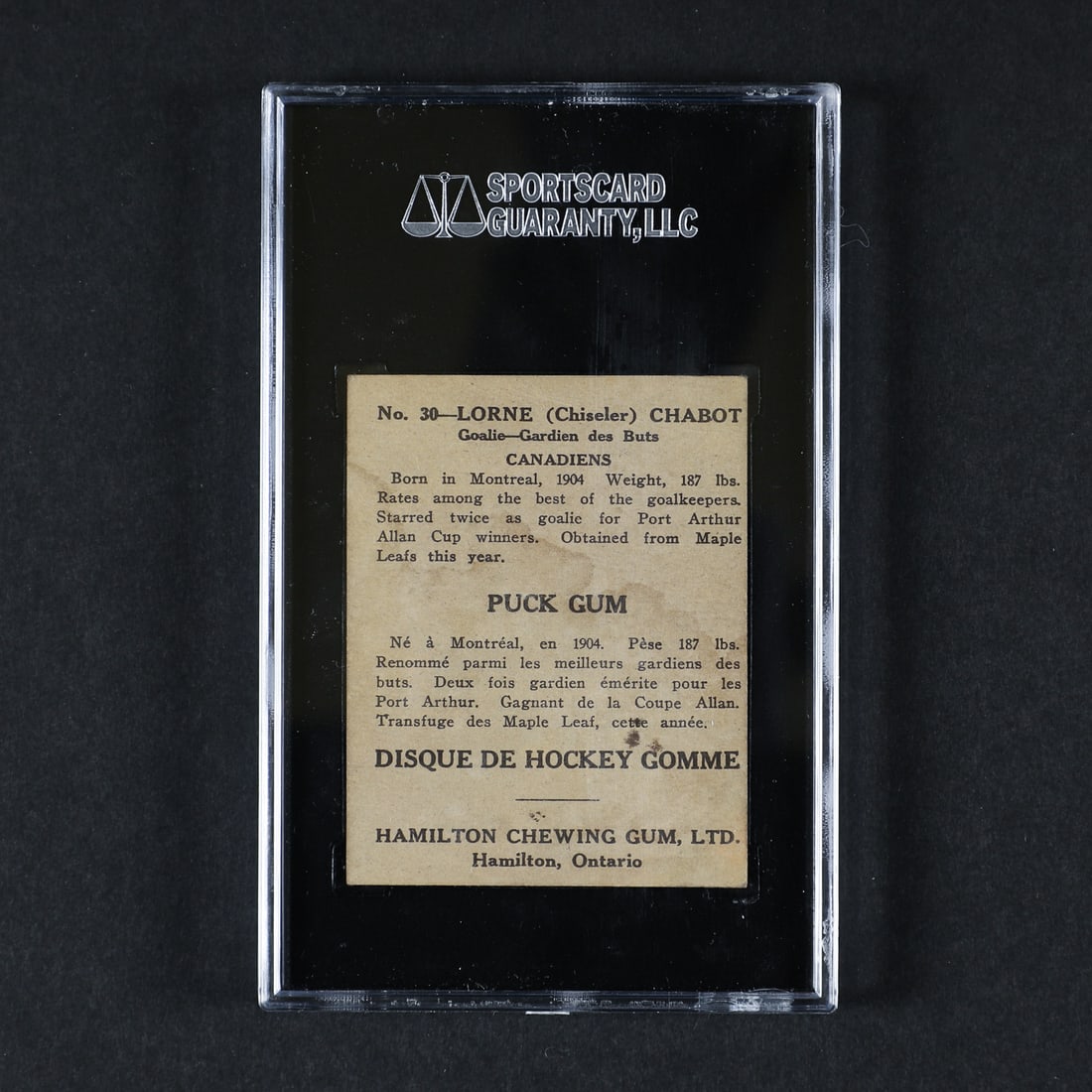1933-1934 Hamilton Gum #30 Lorne Chabot (SGC 3 VG) - 2