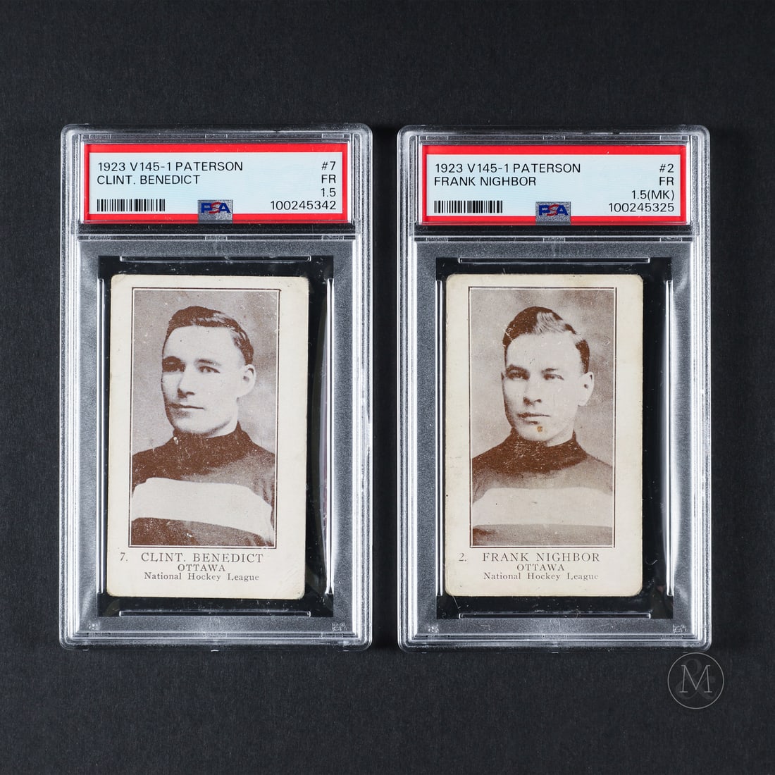 1923 V145-1 William Paterson Clint Benedict and Frank Nighbor (PSA 1.5 and 1.5 (MK)): The 1923 V145-1 William Paterson pair offered here includes Hall of Fame inductees Clint Benedict and Frank Nighbor. The William Paterson Nighbor is the rookie card of the famous Ottawa Senator. Both
