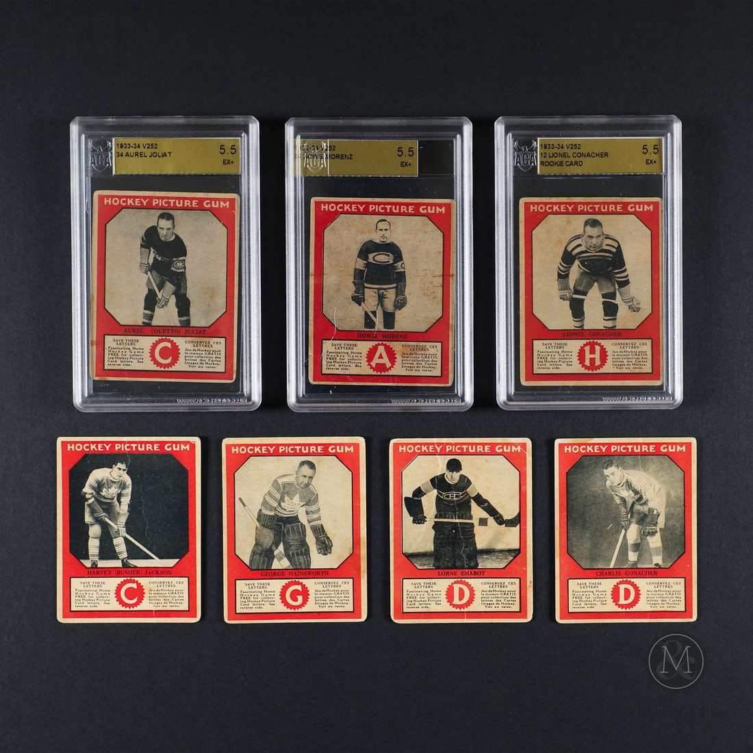 1933-1934 V252 Hockey Cards (7): Produced by the Canadian Chewing Gum Ltd., this 1933-1934 pre-war hockey set was one of the first of its kind to be offered with chewing gum. The card's bottom third included a cut-off redemption wher