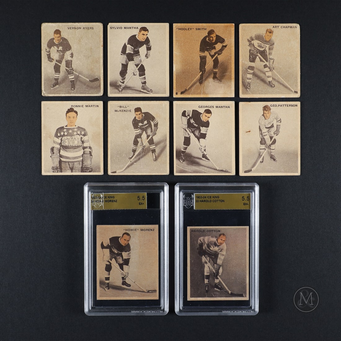 1933 V357 Ice Kings Cards (10): The 1933 Ice Kings hockey set was produced by the World Wide Gum Co. from Montreal and featured many of hockey's earliest stars. The group offered here includes a trio of Hall of Fame inductees in