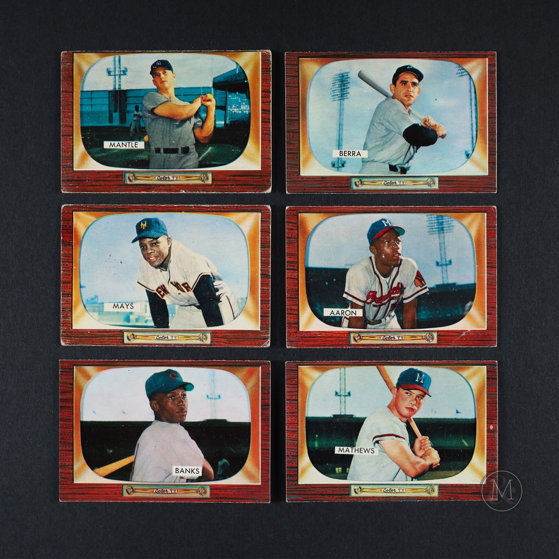 1955 Bowman Colour Partial Set (267/320): The 1955 Bowman baseball group offered here represents 267/320 cards in the set and includes many of the key Hall of Fame examples. The group includes card #202 Mickey Mantle, #184 Willie Mays, #179