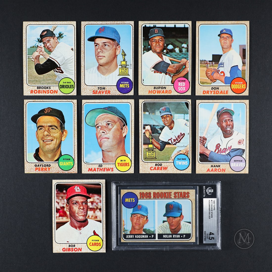 1968 Topps #177 Ryan/Koosman w/ Partial Set (168/598): Offered here is the iconic 1968 Topps #177 Nolan Ryan rookie card, recently graded a 4.5 VG-EX+ by Beckett and 167 other cards from the 1968 set. The group includes many key Hall of Fame inclusions,