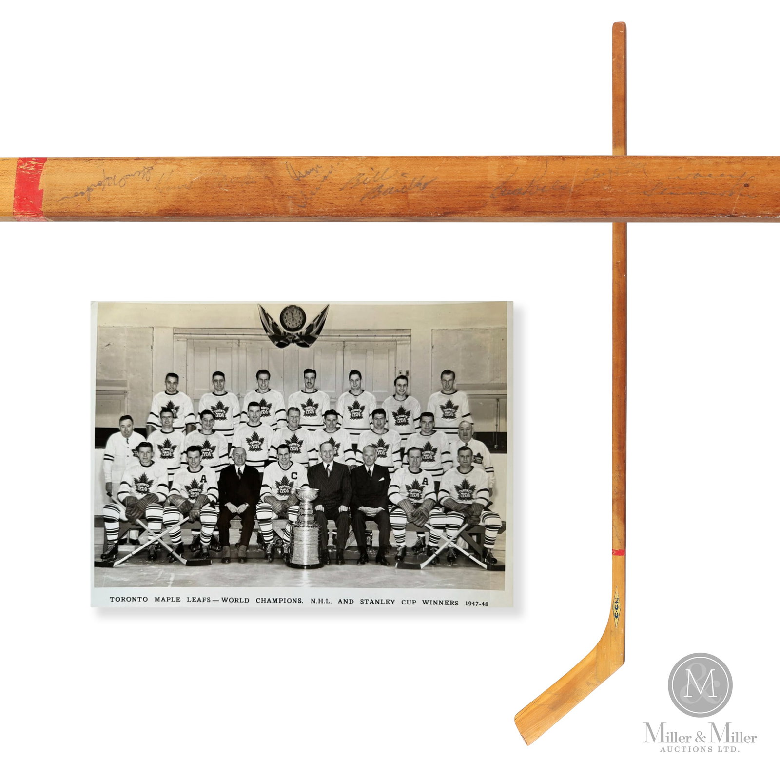 1947-48 Toronto Maple Leafs Team Signed CCM Stick: The 1947-48 Stick offered here has been signed by Gus Mortson, Howie Meeker, Gaye Stewart, Bill Barilko, Bud Poile, Hap Day, Wally Stanowski, Nick Metz, Bill Ezinicki, Don Metz, Vic Lynn, Turk Broda,