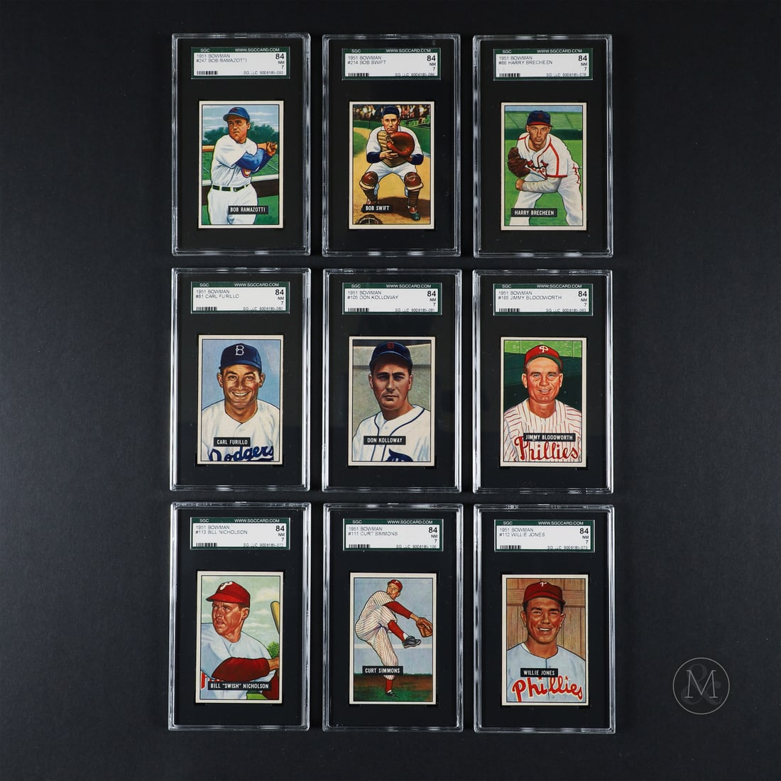 1951 Bowman Group of 9 (SGC 7 NM): The 1951 Bowman baseball set's rich colour and clean design make it one of the most visually appealing sets of the era, capturing the golden age of baseball in every card. The group offered here is