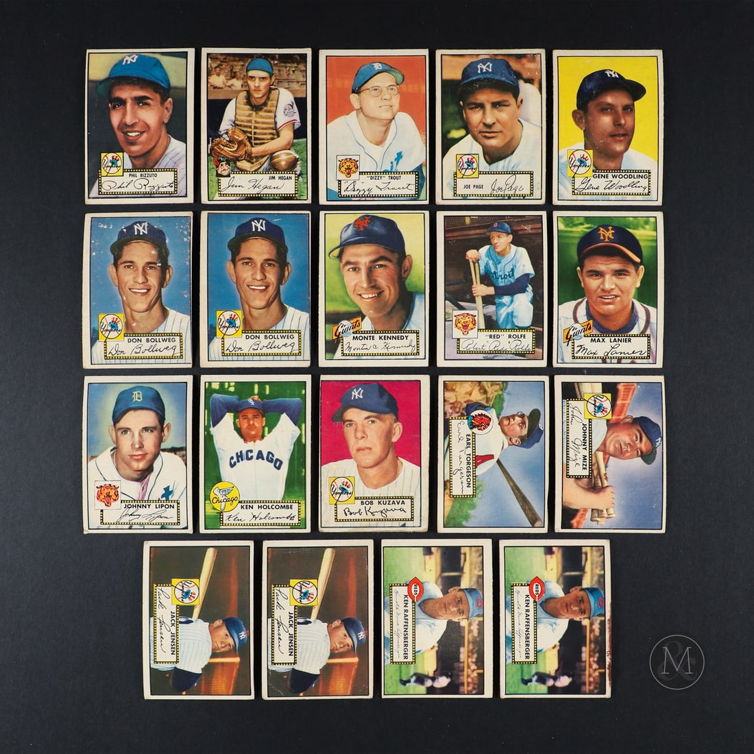 1952 Topps Grouping w/ Rizzuto (19): Offered here are 19 examples from the 1952 Topps Baseball set, including Hall of Fame inductees Phil Rizzuto and Johnny Mize. The group also includes, card #17 Hegan, #39 Trout, #48 Page, #85 Kuzava,