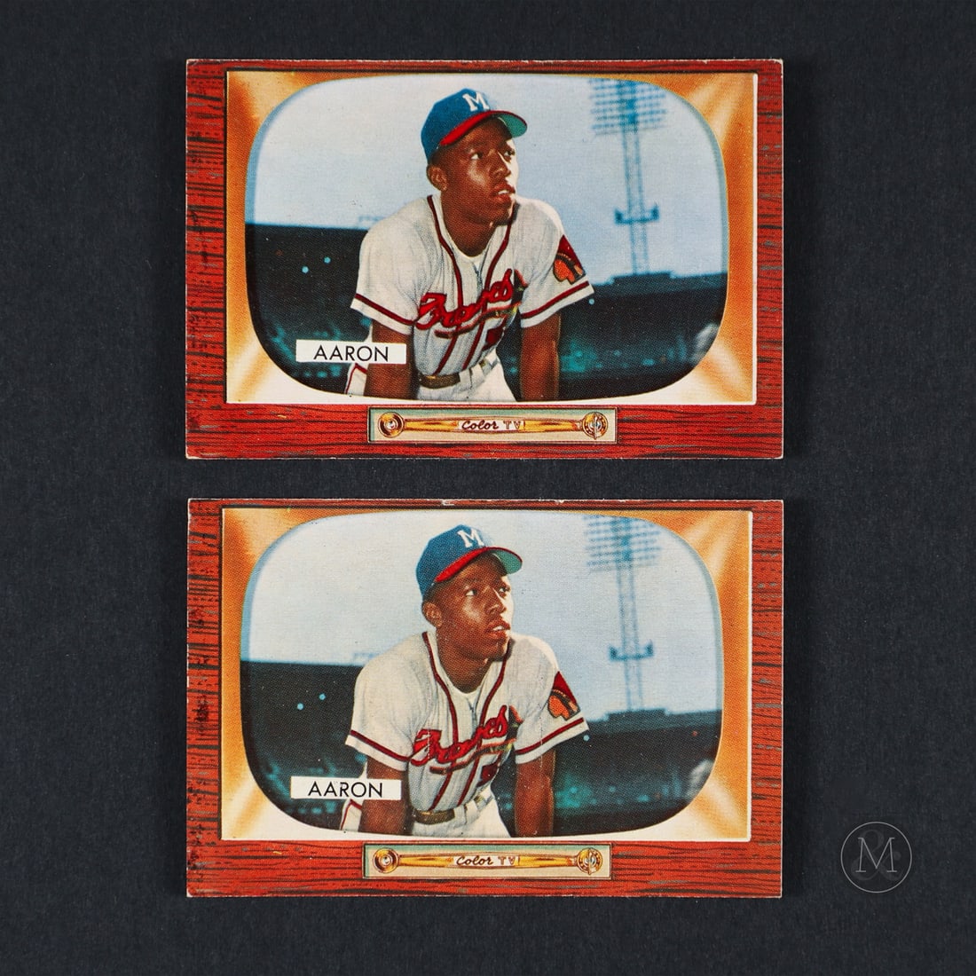 Pair of 1955 Bowman Colour #179 Hank Aaron: Offered here is a recently found pair of 1955 Bowman Colour #179 Hank Aaron's, a part of a single-family collection. Hank Aaron was a powerhouse outfielder who broke Babe Ruth’s career home run