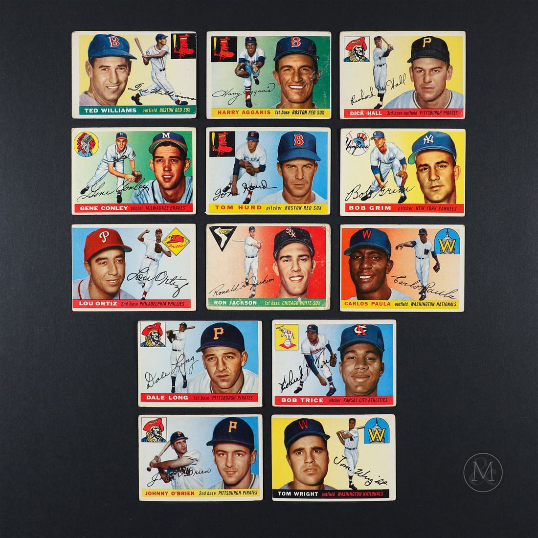1955 Topps Baseball Group (13): The grouping of 1955 Topps Baseball cards offered here includes 13 examples, highlighted by card #2, Ted Williams. The group includes card # 2, 66, 80, 81, 97, 114, 116, 126, 127, 132, 135, 141, and