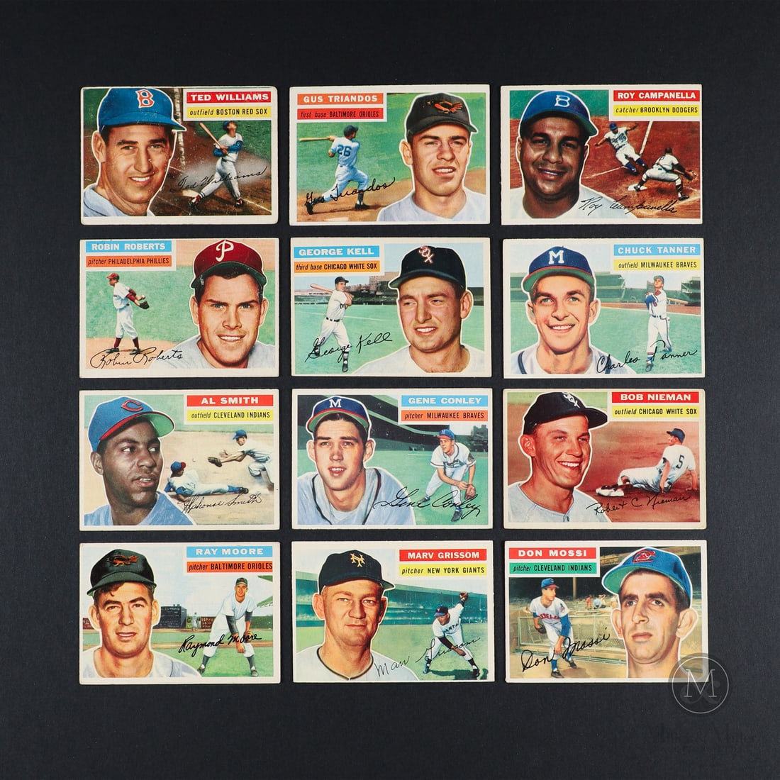 1956 Topps Grouping with Williams (12): The 1956 Topps baseball grouping of 12 offered here includes key Hall of Famer Ted Williams, along with other inductees Roy Campanella, Robin Roberts, and George Kell. Also included in the group are