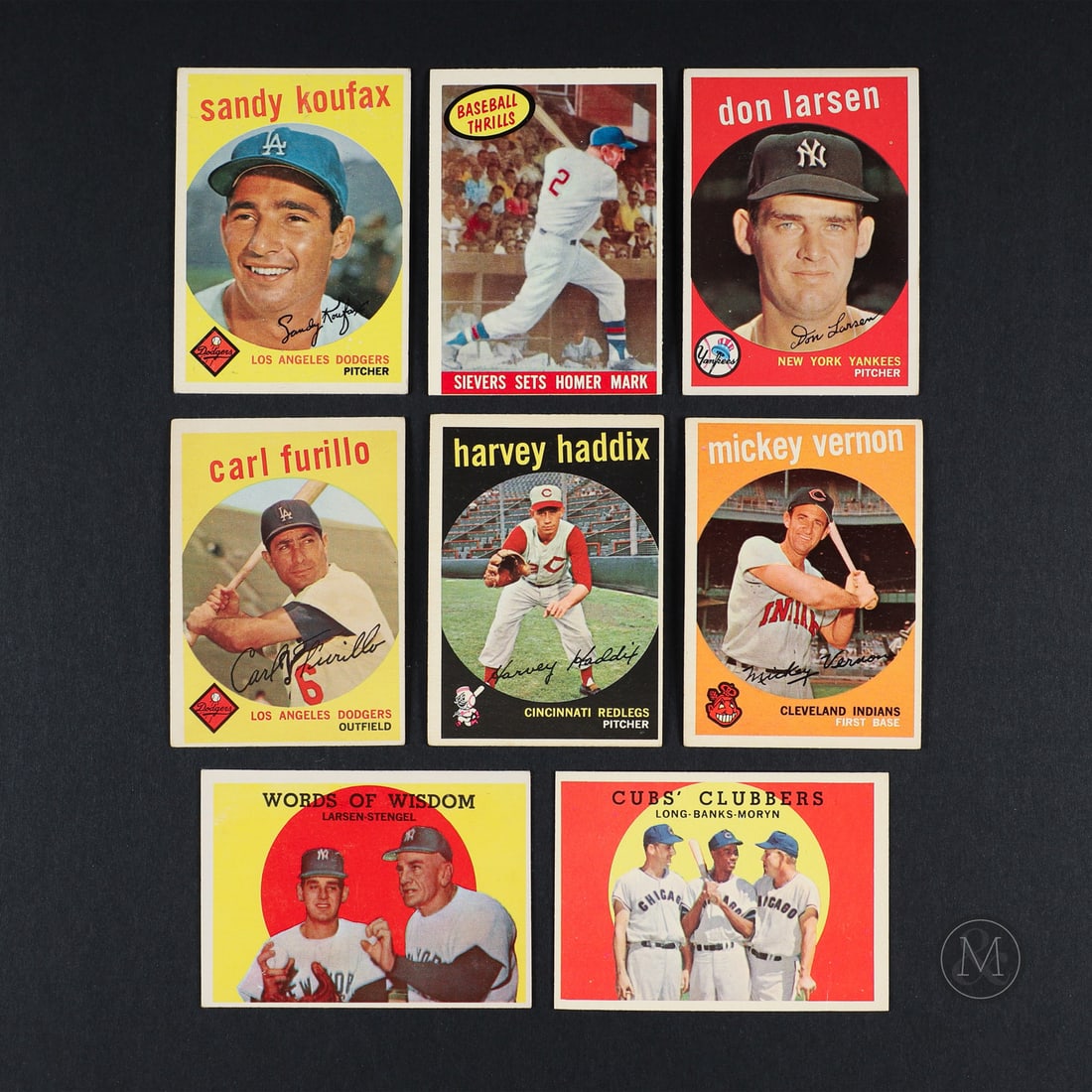 1959 Topps Grouping with Koufax (8): The group of eight 1959 Topps baseball cards offered here includes key Hall of Fame inductee Sandy Koufax in his #163 card. Also included are cards #205 Larsen, #206 Furillo, #115 Vernon, #184 Haddix,