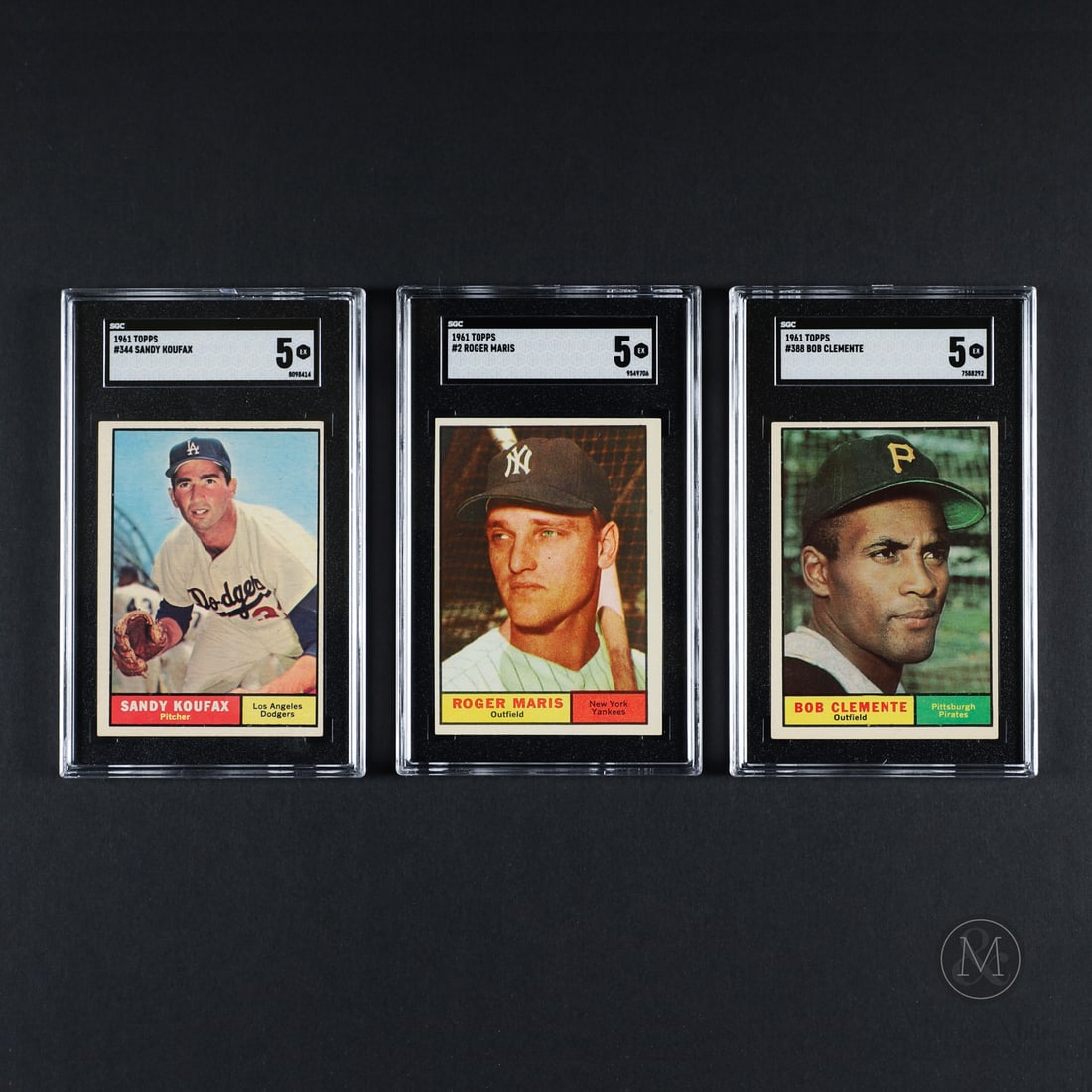 1961 Topps Clemente, Koufax, and Maris (SGC 5 EX): Offered here are three key examples from the 1961 Topps Baseball set in Roger Maris, Roberto Clemente, and Sandy Koufax. Each card has been graded a 5 Excellent from SGC. All items are guaranteed