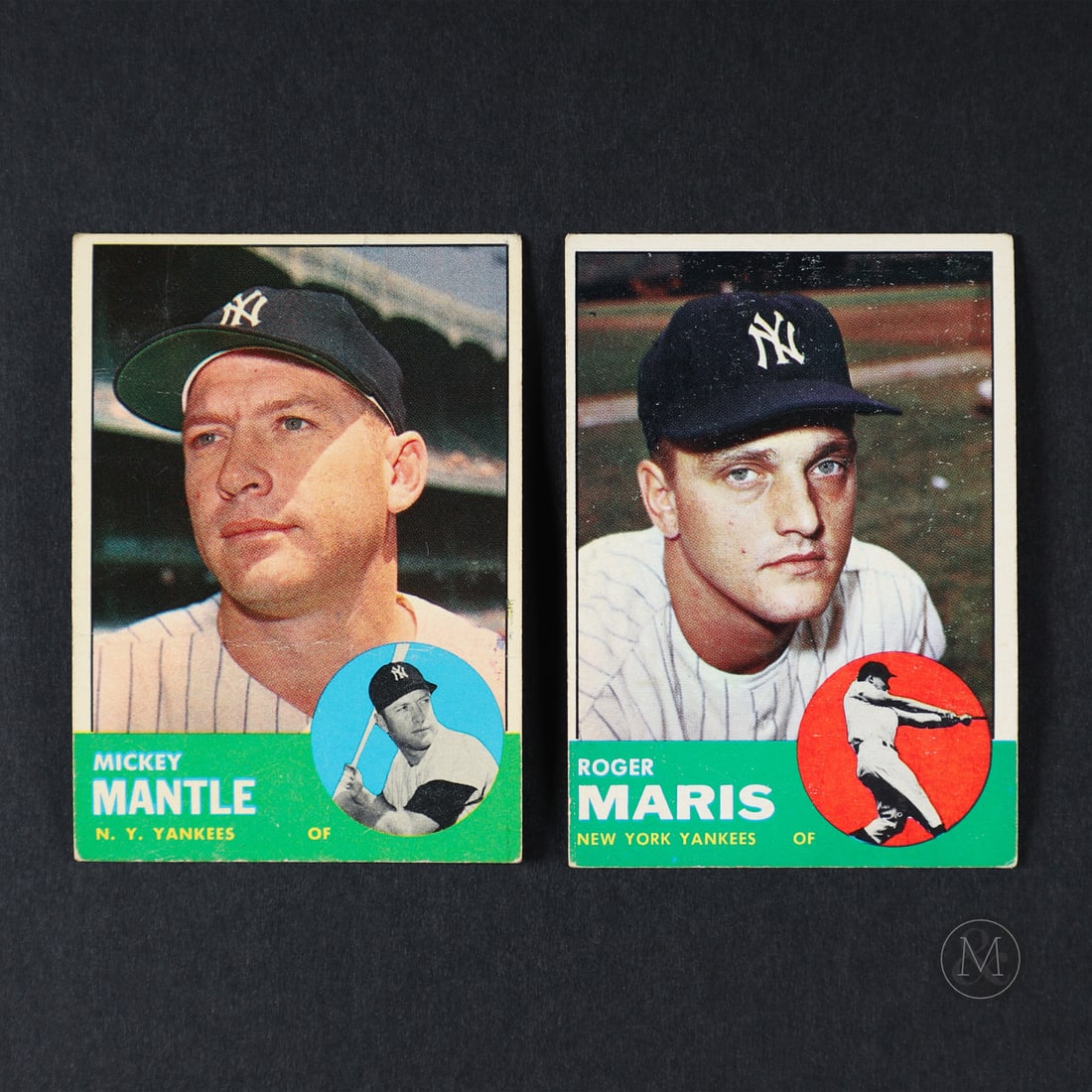 1963 Topps #200 Mantle and #120 Maris: Offered here are two key examples from the 1963 Topps Baseball set: Mickey Mantle and Roger Maris. All items are guaranteed authentic by Miller & Miller Auctions. Size 3.5" x 2.5". Condition Mickey