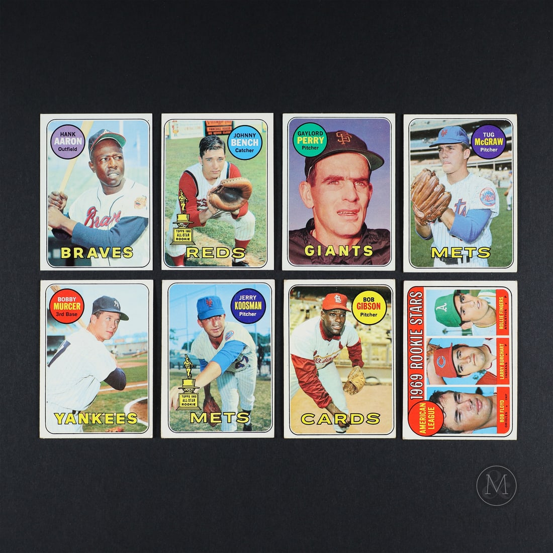 1969 Topps Grouping with Bench (8): The group of eight 1969 Topps cards offered here include key Hall of Fame examples of Johnny Bench, Bob Gibson, Hank Aaron, Gaylord Perry, and Rollie Fingers. Also included in the group are cards #90