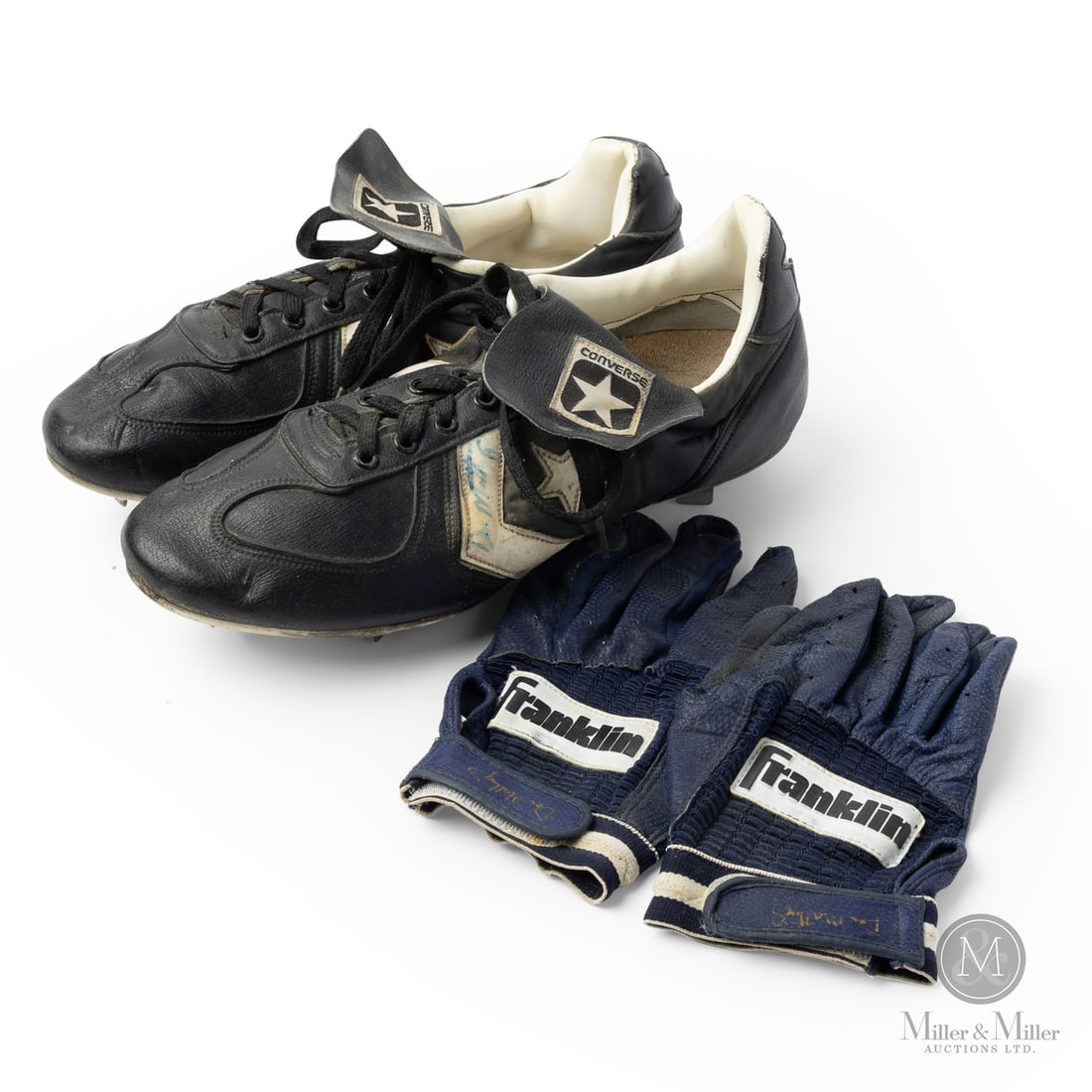 C. 1985 Don Mattingly Game used and Signed Converse Cleats and Franklin Batting Gloves: This collection features a pair of game-worn Converse cleats and Franklin batting gloves used by New York Yankees legend Don Mattingly. The cleats exhibit significant wear from field use and are