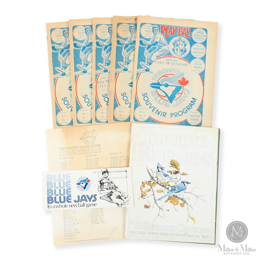 1977-1978 Toronto Blue Jays Grouping: The group of Toronto Blue Jays items offered here includes 5 Vol 1 No 1 programs from the Jays' first spring training in Dunedin, Florida. Also included are a 1978 Season Opener program, a 1977 News